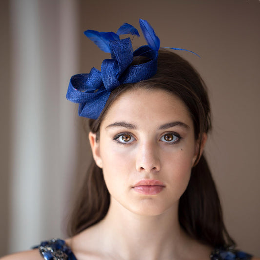 Royal Blue Feather Fascinator, Elegant Gift for the Mother of Bride, Wedding Guests Minimalist Hair Bow