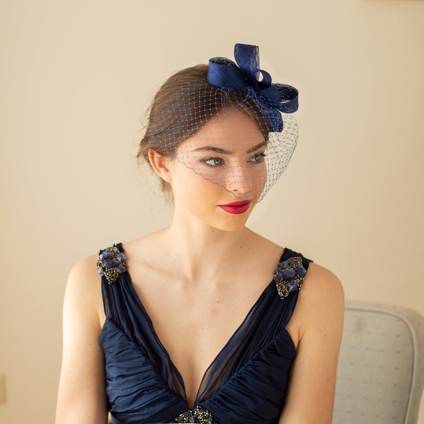 Royal Blue Fascinator Detachable Birdcage Veil, Wedding Headpiece