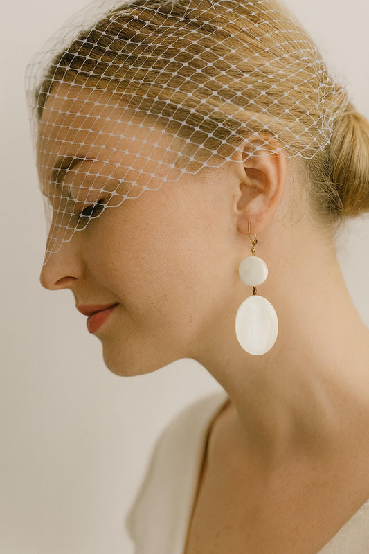 Mother-of-Pearl Drop Earrings: Hand Cut Gemstone, 14k Gold Filled