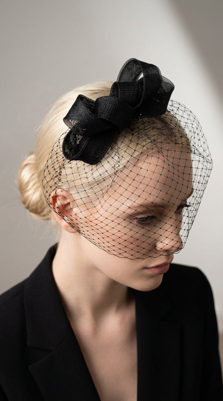 Elegant Black Funeral Veil with Bow, Minimalist Headpiece with Mourning Birdcage veil, Black Veil, Vintage Inspired Funeral Veil with Bow