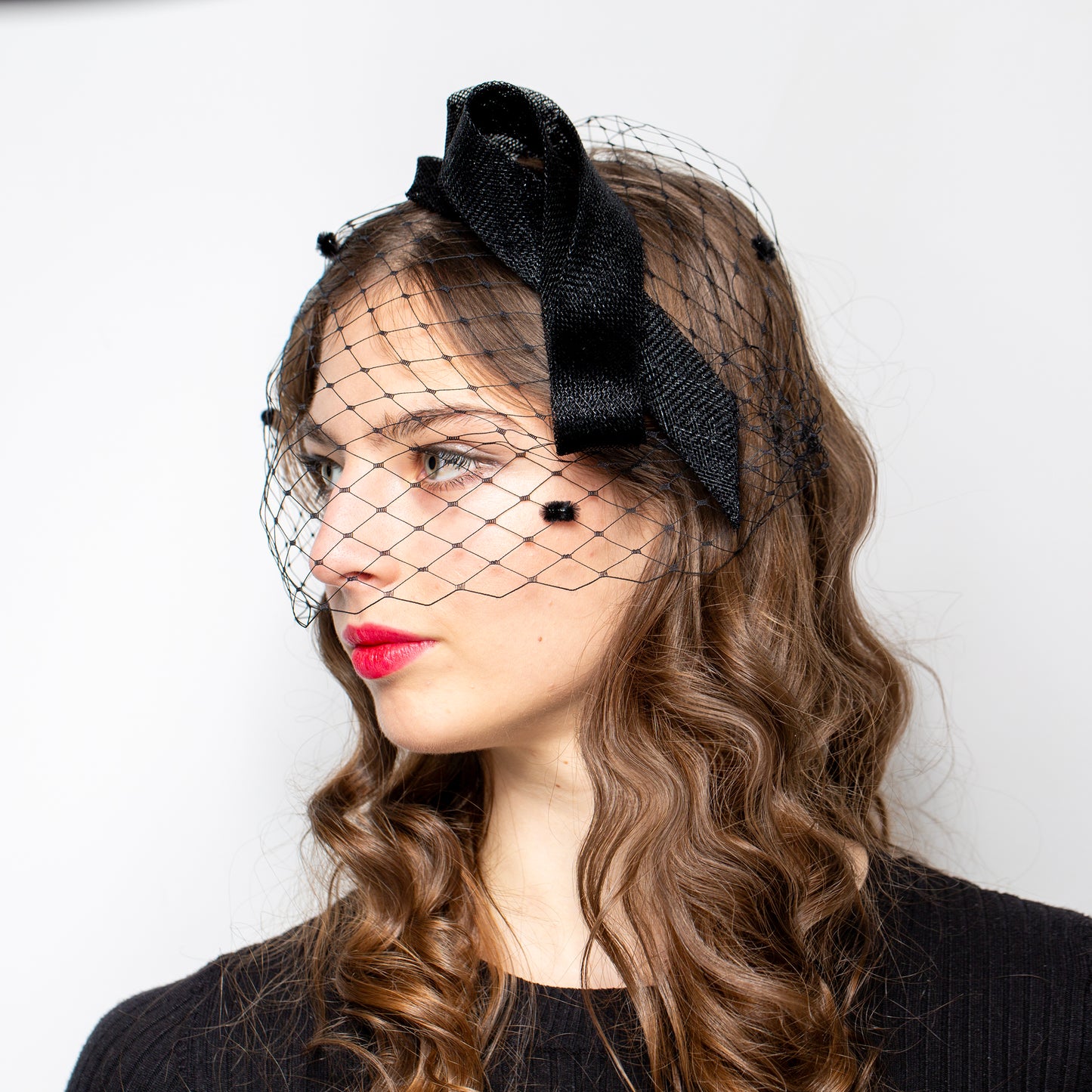 Occasion Black Hair Bow Veil Fascinator with Detachable Birdcage Veil Party Headpiece
