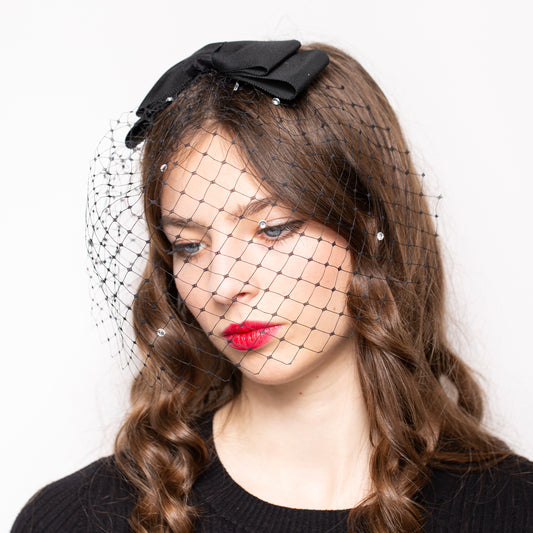 Black Birdcage Veil with Rhinestone Bow - Wedding Party Hair Accessory