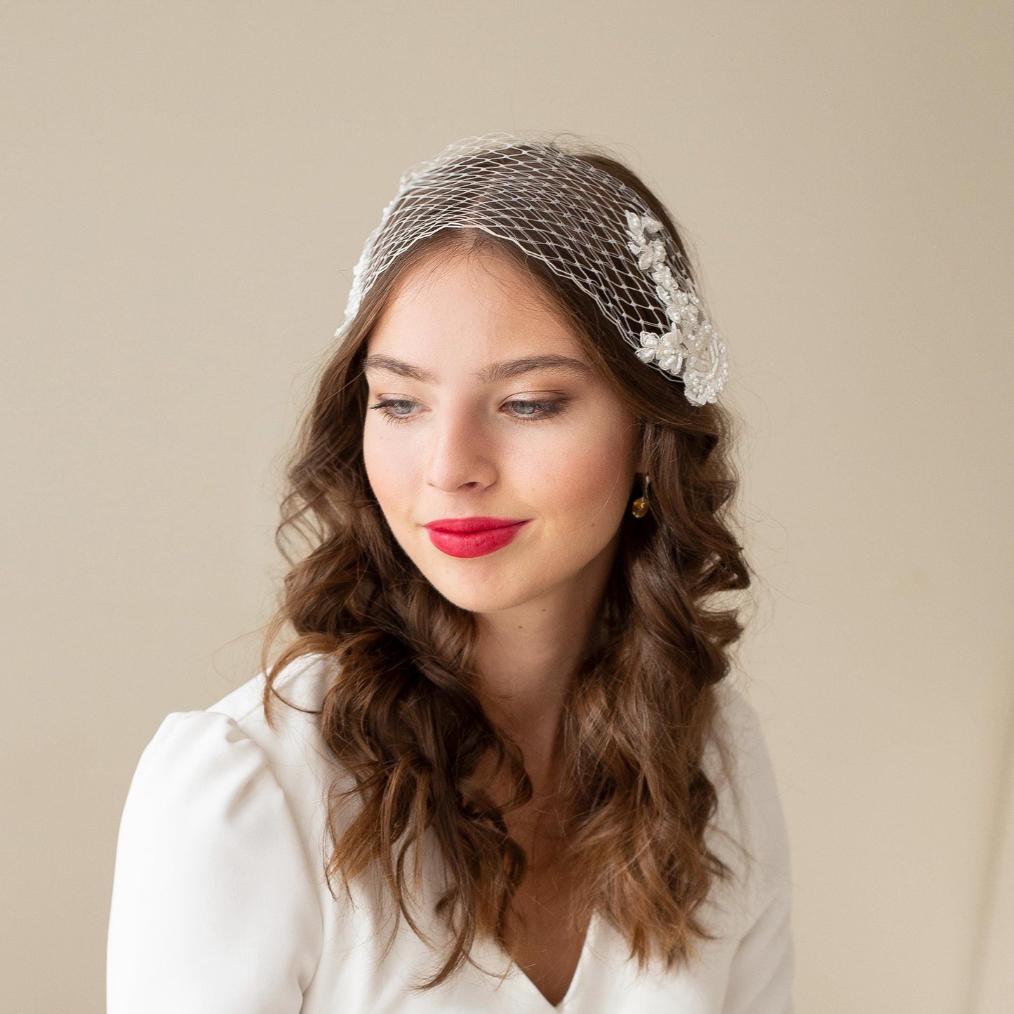 Ivory Floral Lace Bandeau Veil: Beaded Wedding Headband