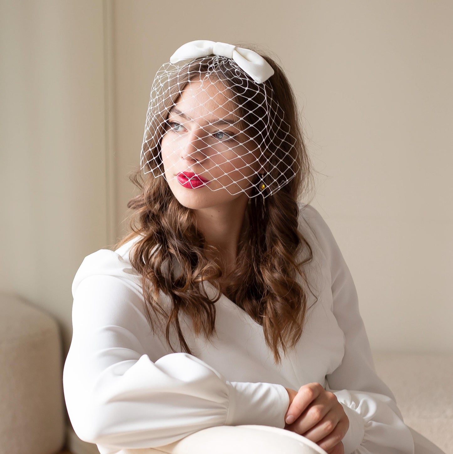 Ivory Velvet Bow Birdcage Veil - Vintage Bridal Hair Accessory