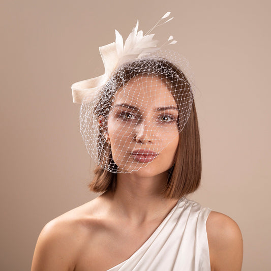 White Feather Bridal Fascinator: Modern Birdcage Wedding Headpiece