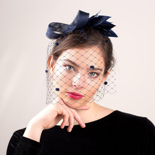 Navy Birdcage Veil Fascinator, Dotted Wedding Hair Accessory