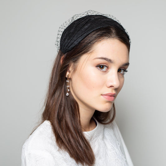 Black silk dupion draped hat cap with removable birdcage veil, special occasion headpiece in retro style