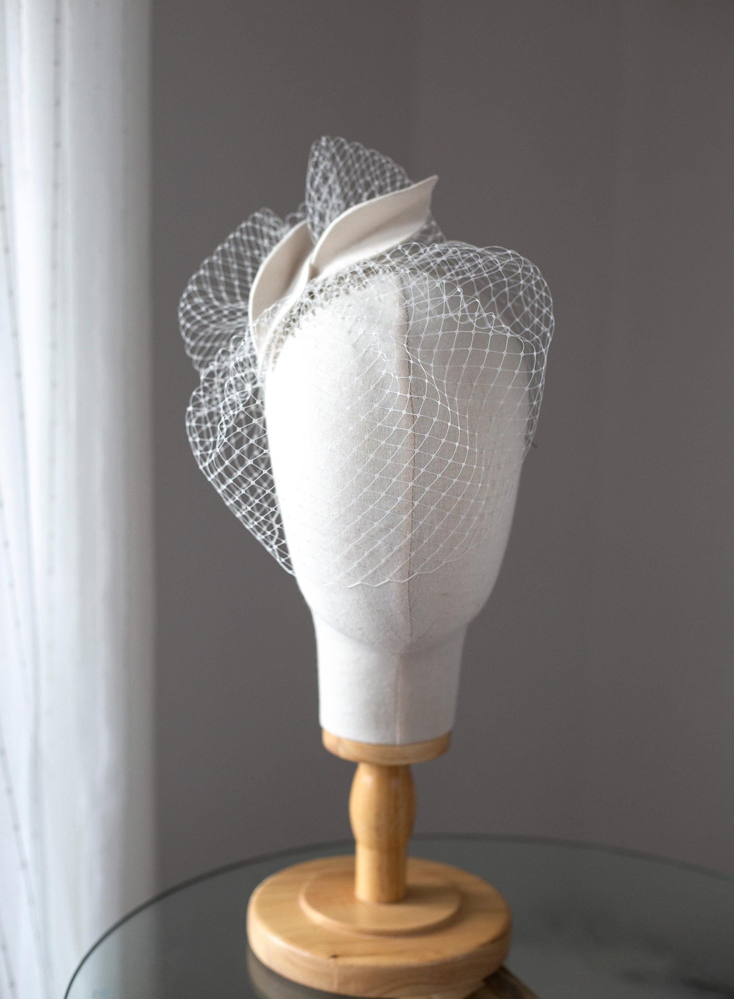 Ivory Birdcage Veil: Felt Leaf Petals, Elegant Bridal Headpiece