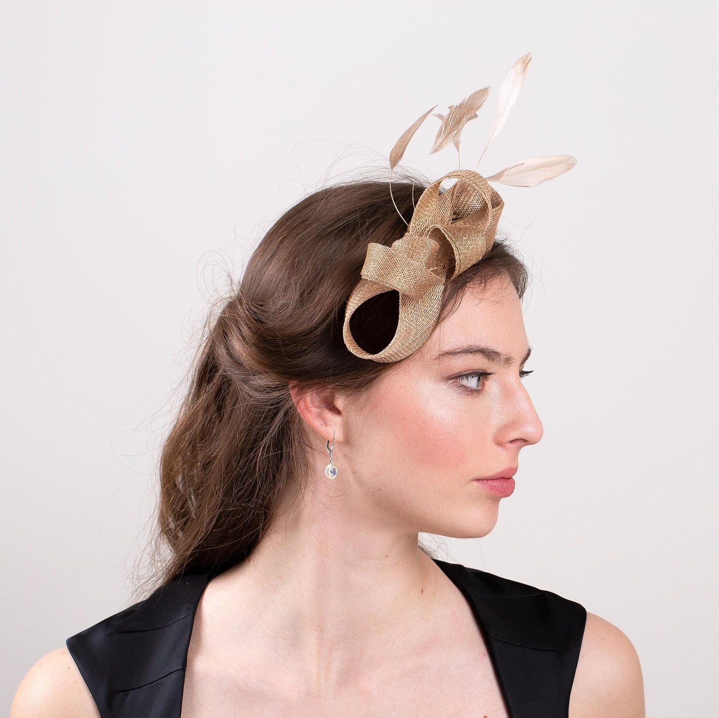 Gold Bow Fascinator, Feathered Wedding Headpiece