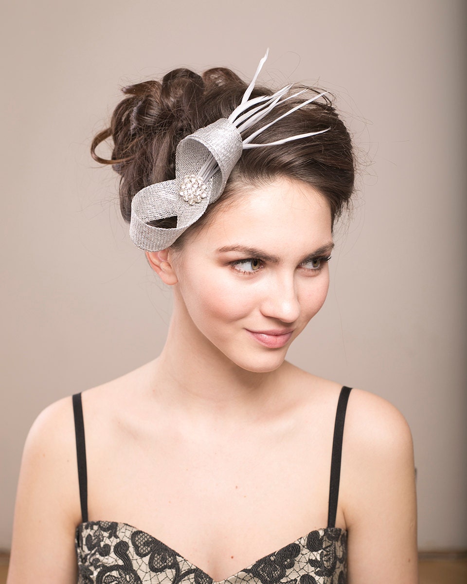 Silver Feather Fascinator, Rhinestone Wedding Headpiece, Glamorous Women Fascinator