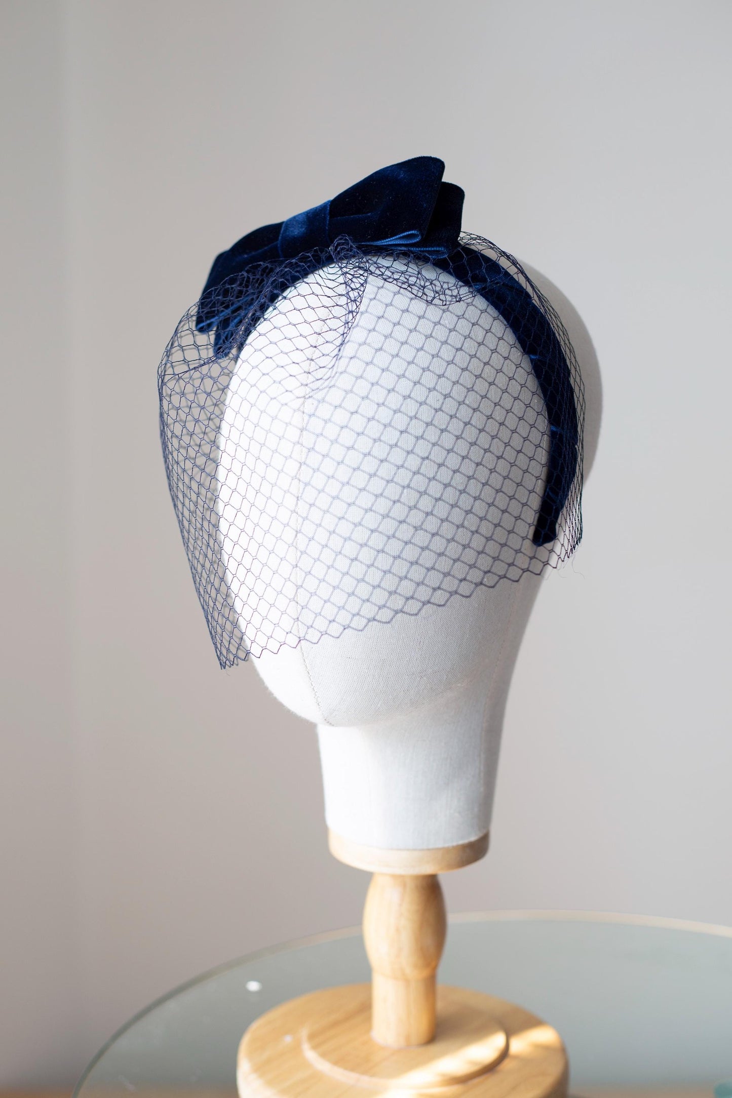 Navy Velvet Birdcage Veil Headband: Vintage Wedding Headpiece with Netting Face Veil