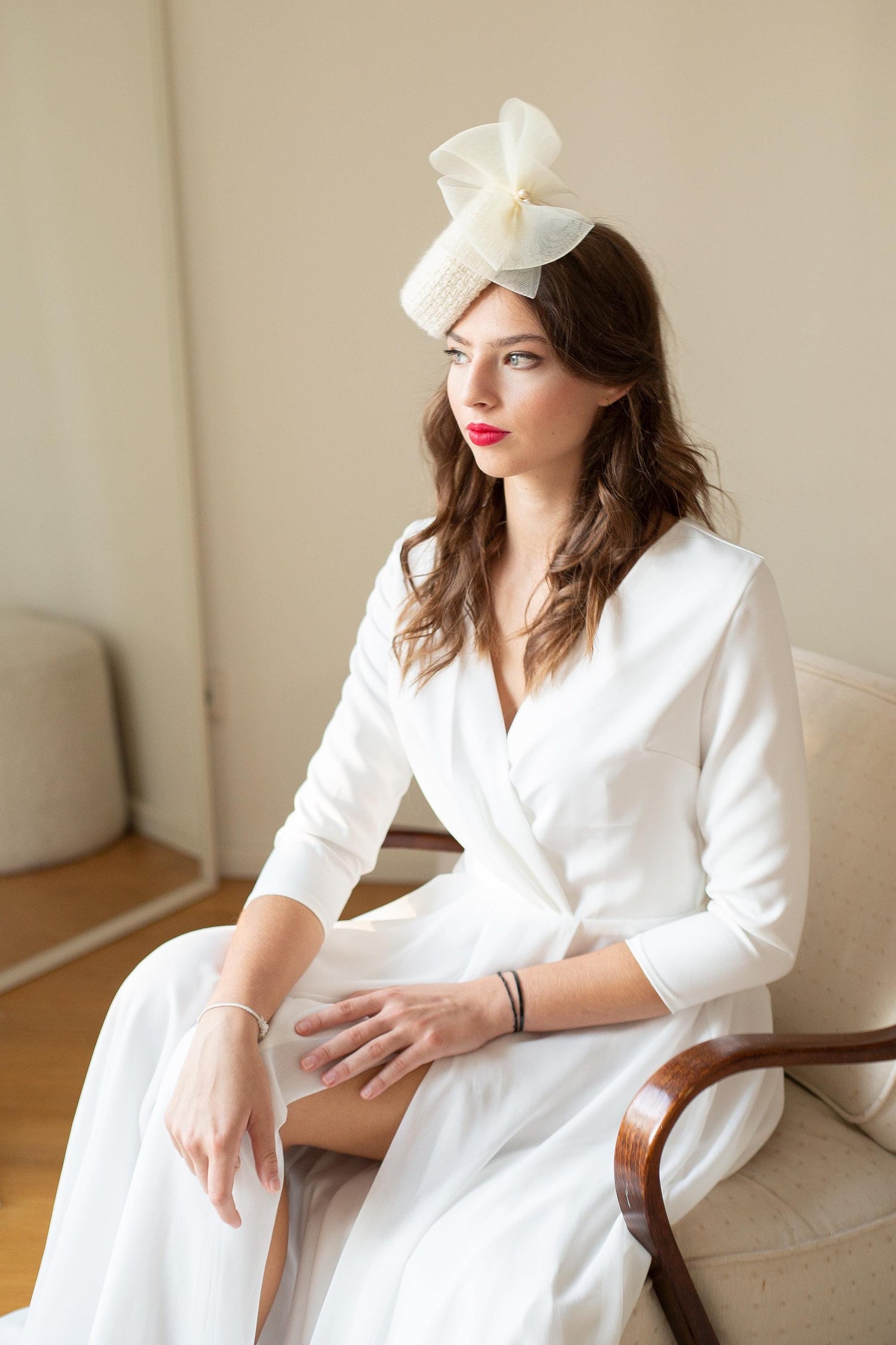 Bridal Wool Tweed Pillbox Hat: Cream Flower & Pearls Winter Wedding