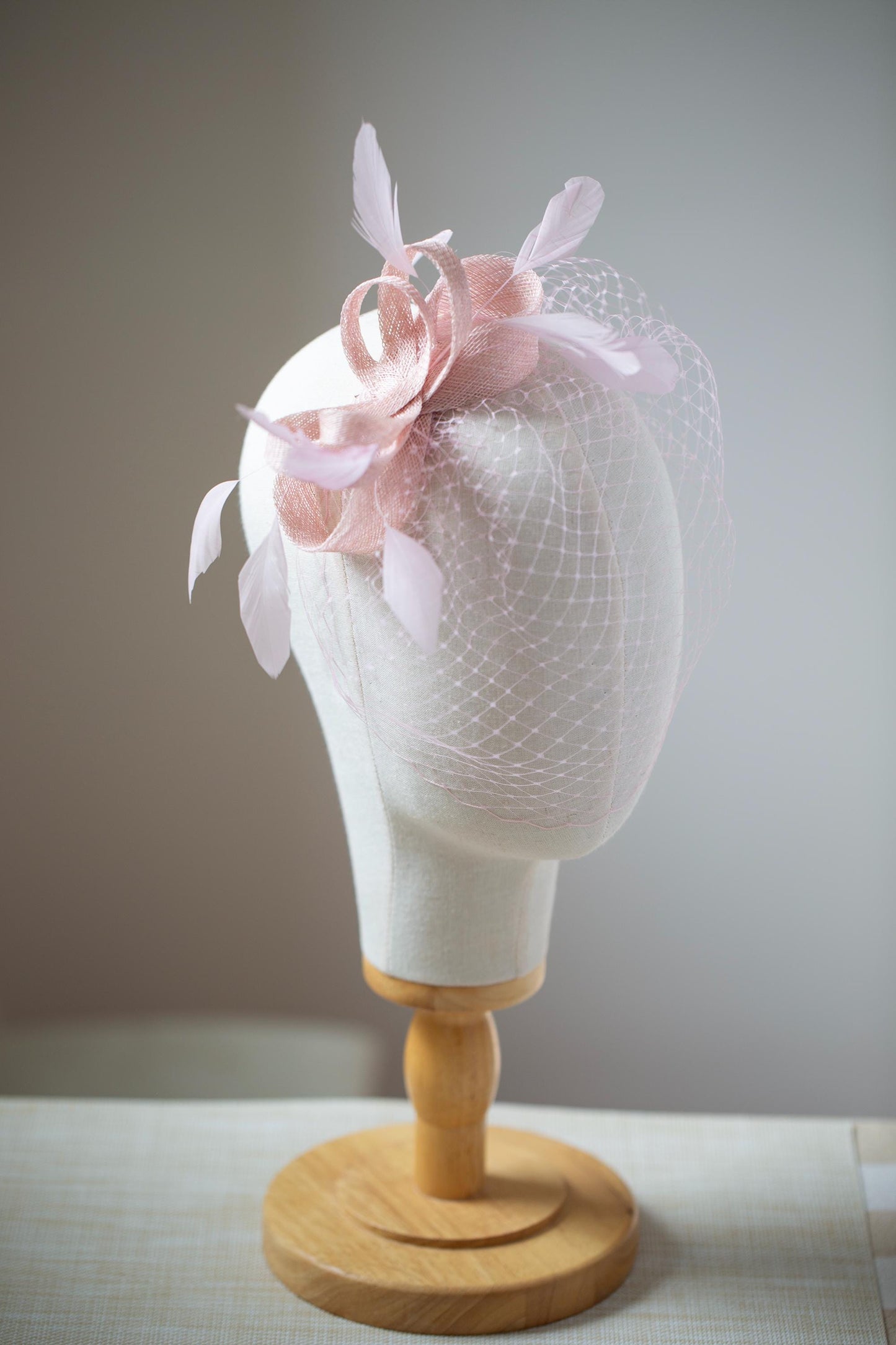 Powder Rose Feather Fascinator: Blush Birdcage Veil Wedding Headpiece