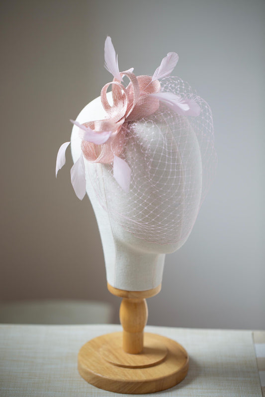 Powder Rose Feather Fascinator: Blush Birdcage Veil Wedding Headpiece