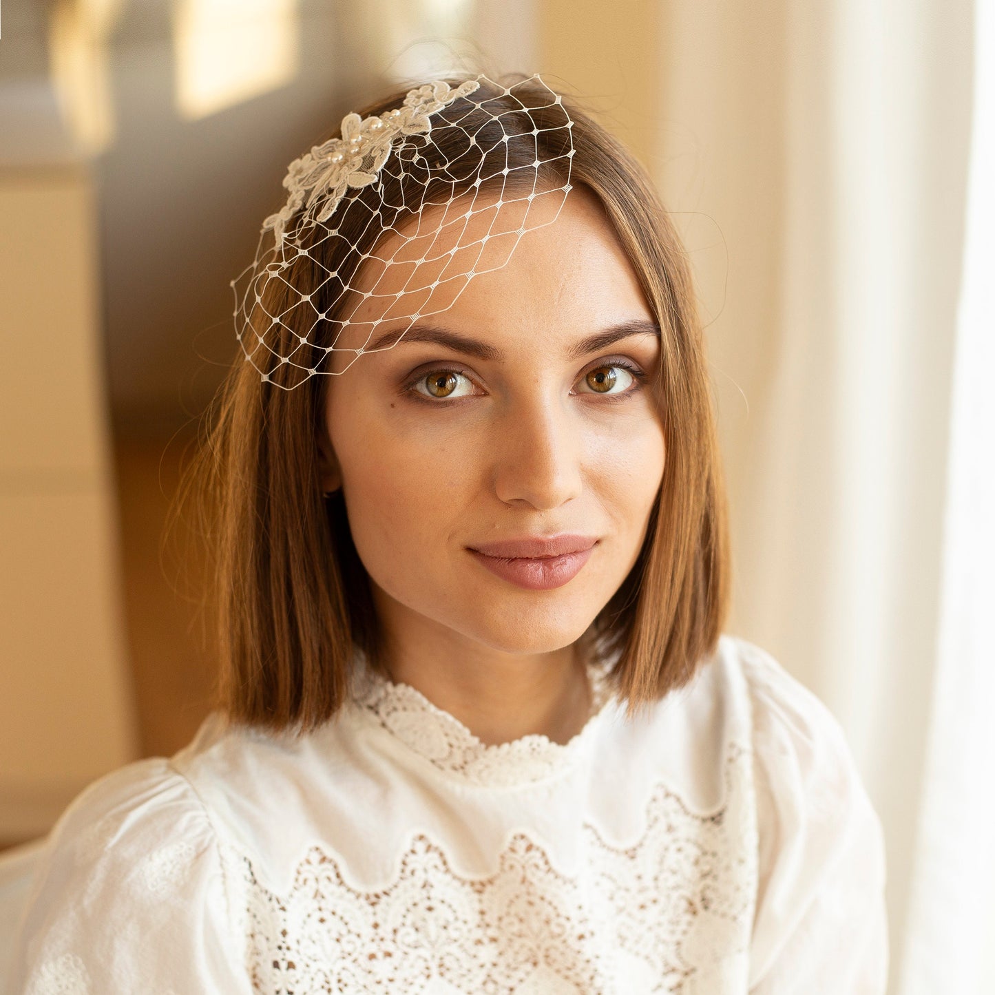 Small size netting birdcage with floral lace and Swarovski pearls and crystals, short wedding veil with ivory silver lace and pearls