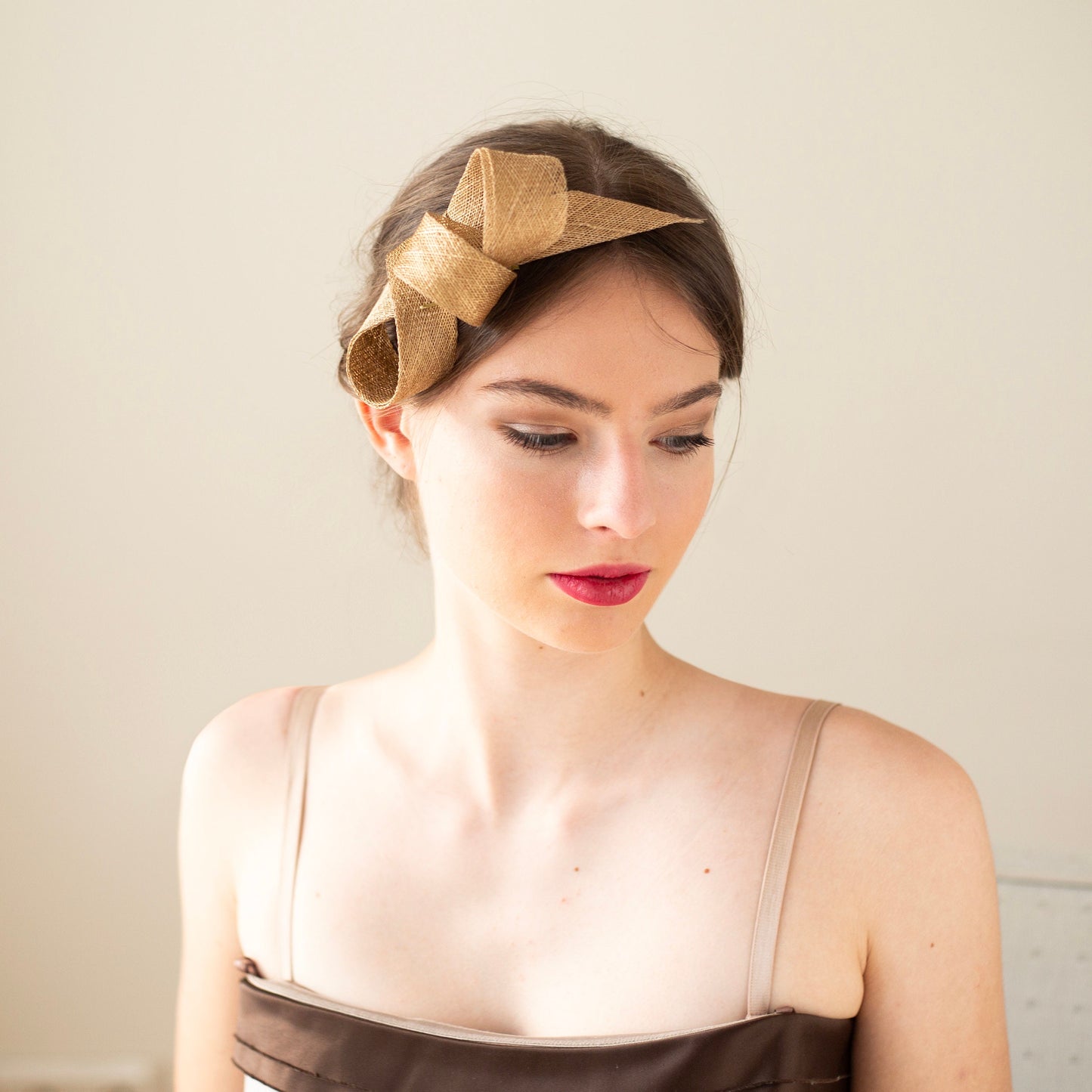 Gold Bow Fascinator,  Minimalist Wedding Guest Headpiece in metallic gold