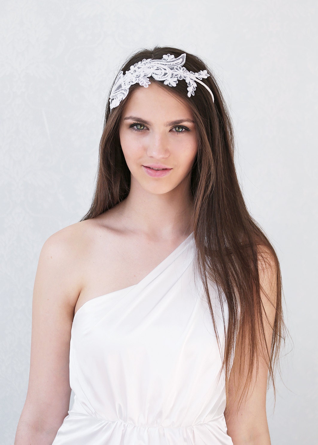 Bridal Lace Headband: White Floral Pearl Headpiece