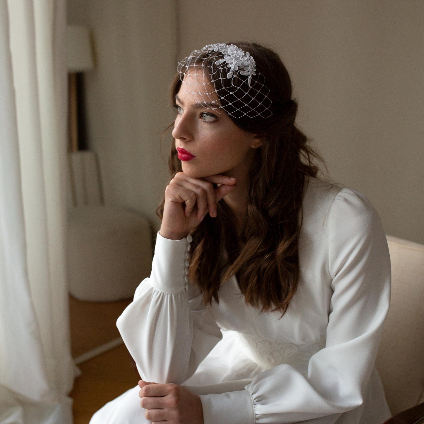 Small lace birdcage veil in white or ivory, bridal birdcage lace veil, floral lace Wedding Veil