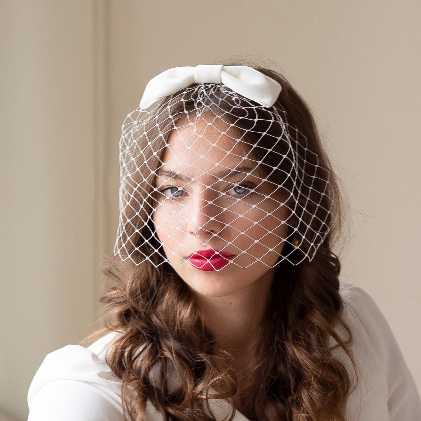 Ivory Velvet Bow Birdcage Veil - Vintage Bridal Hair Accessory