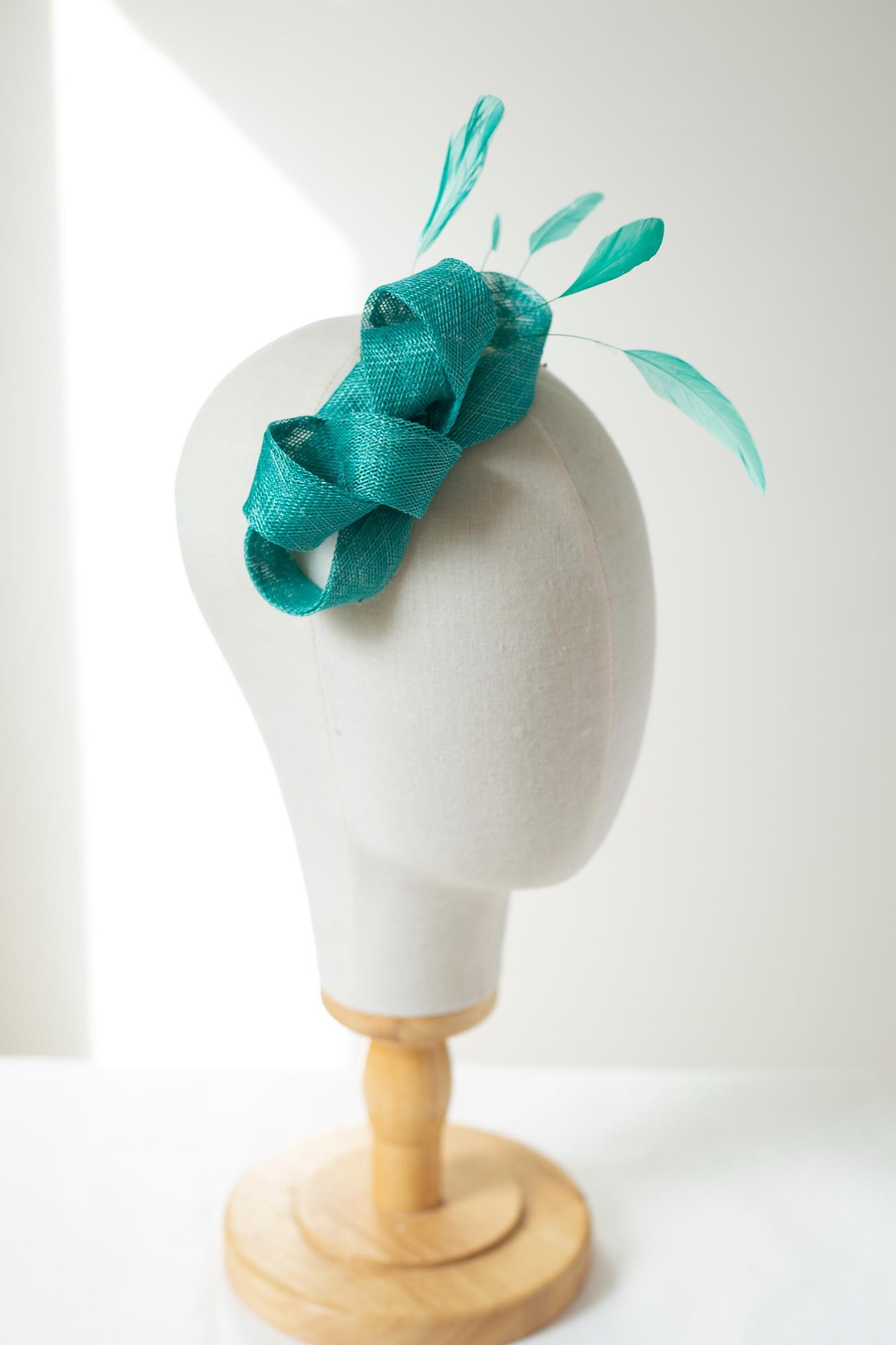 Jade Green Bow Fascinator: Sinamay & Feather Hairpiece