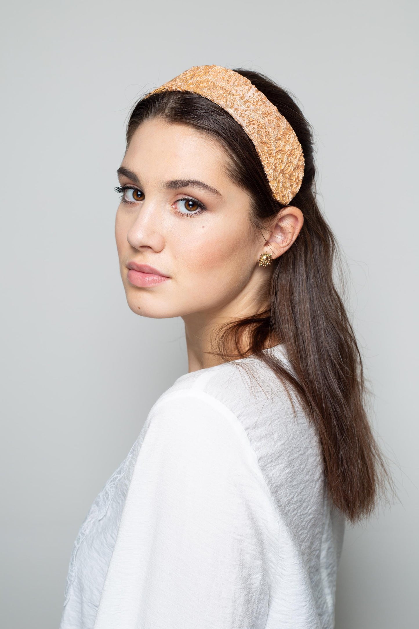 Peach Silk Headband – Embroidered Indian Silk Wide Millinery Headpiece, Bridal & Special Occasion Hair Accessory