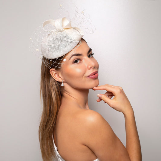 Ivory Wedding Pillbox Hat: Sinamay Bridal Hat with Bow & Dotted Veil