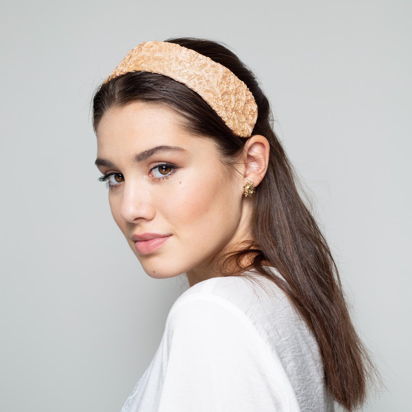 Peach Silk Headband – Embroidered Indian Silk Wide Millinery Headpiece, Bridal & Special Occasion Hair Accessory