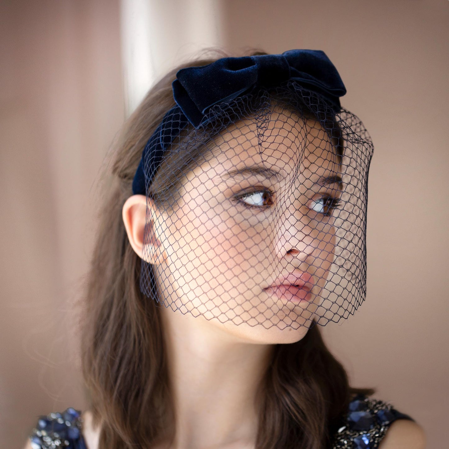 Navy Velvet Birdcage Veil Headband: Vintage Wedding Headpiece with Netting Face Veil
