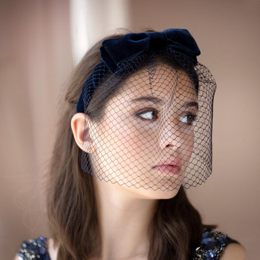 Navy Velvet Birdcage Veil Headband: Vintage Wedding Headpiece with Netting Face Veil