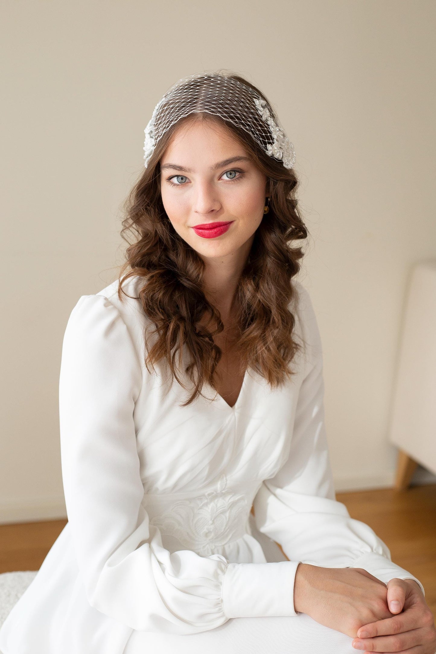 Ivory Floral Lace Bandeau Veil: Beaded Wedding Headband