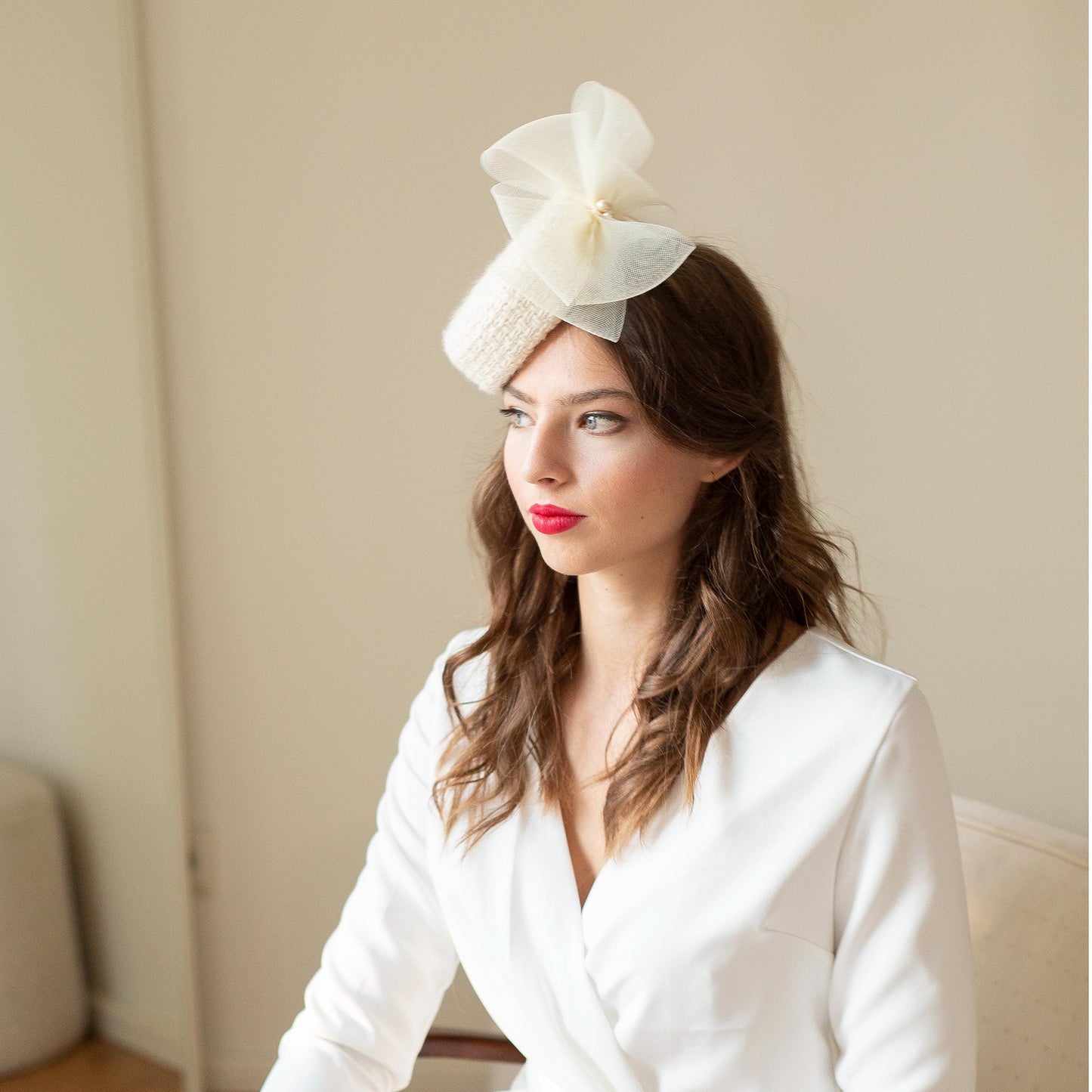 Bridal Wool Tweed Pillbox Hat: Cream Flower & Pearls Winter Wedding