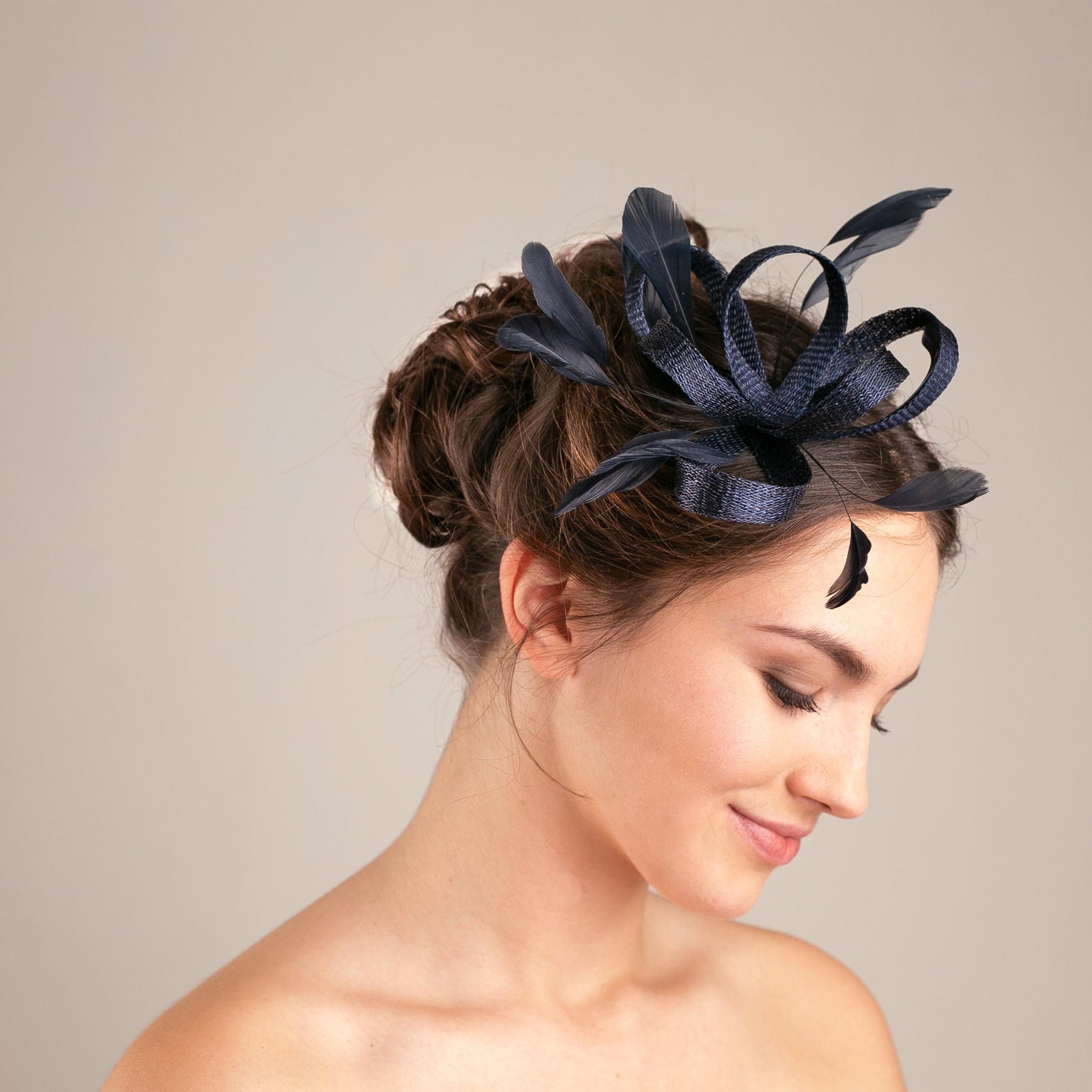 Navy Feather Fascinator, Sinamay Wedding Headpiece with Clip