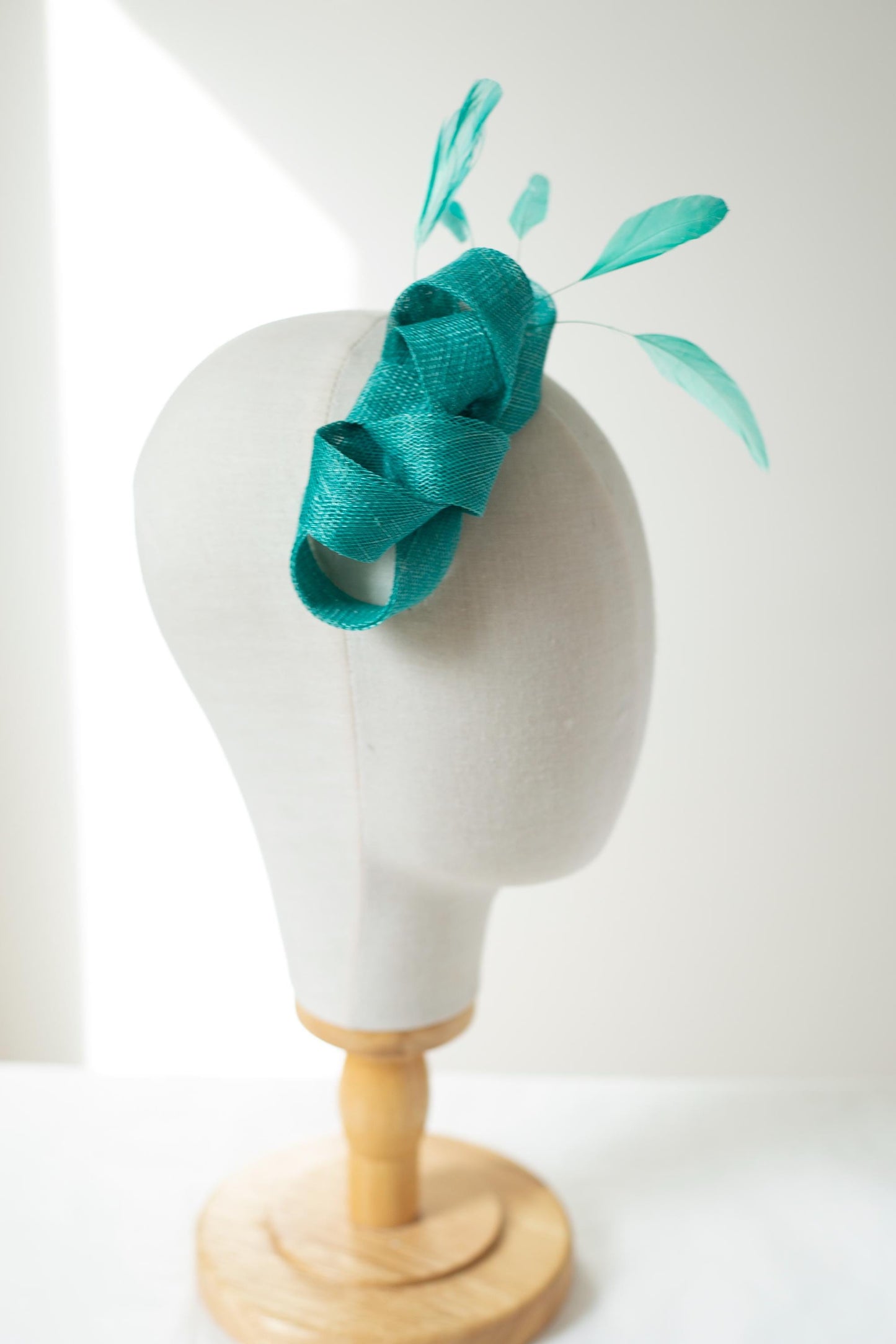 Jade Green Bow Fascinator: Sinamay & Feather Hairpiece