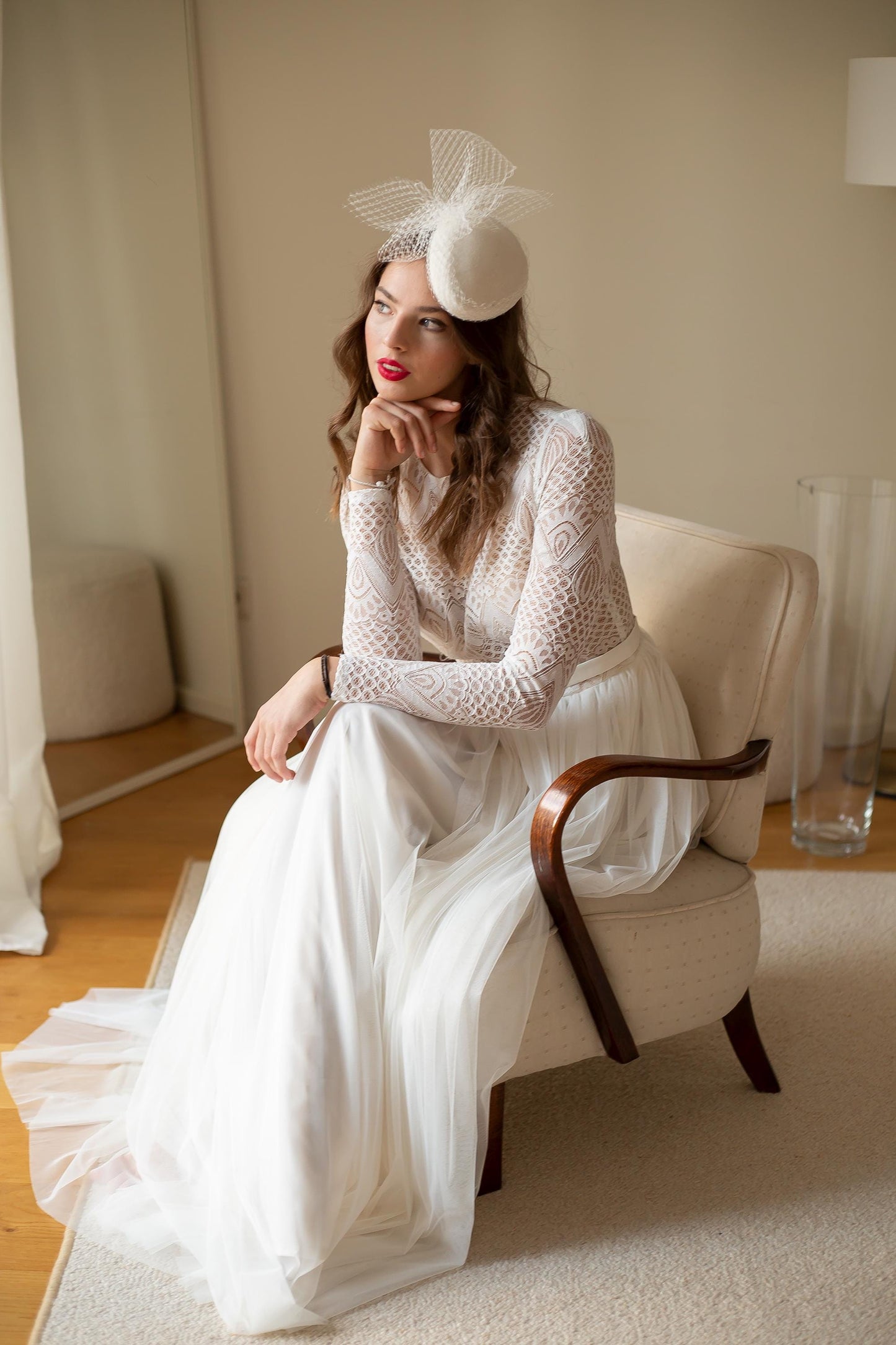 Bridal Pillbox Hat: Ivory Wedding Hat with Netting Bow