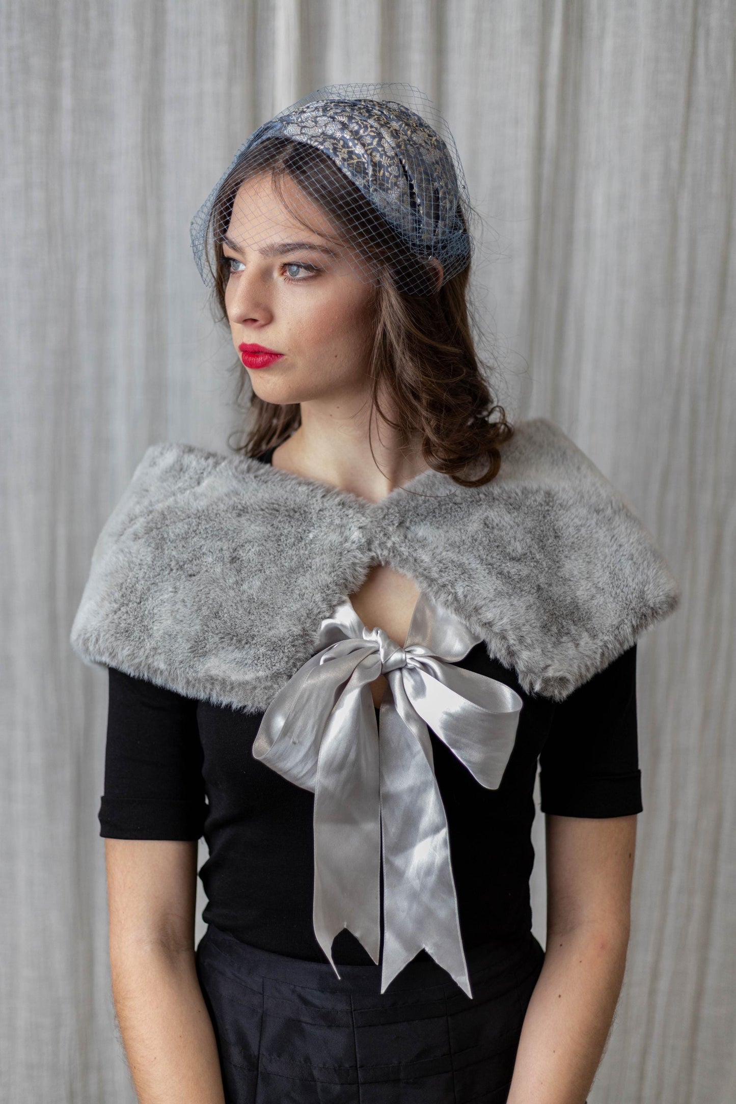 Silver - grey Cap Hat with vintage netting birdcage, Couture Veiled Headpiece in Blueish Grey – Luxury Occasion or Formal Event Hat