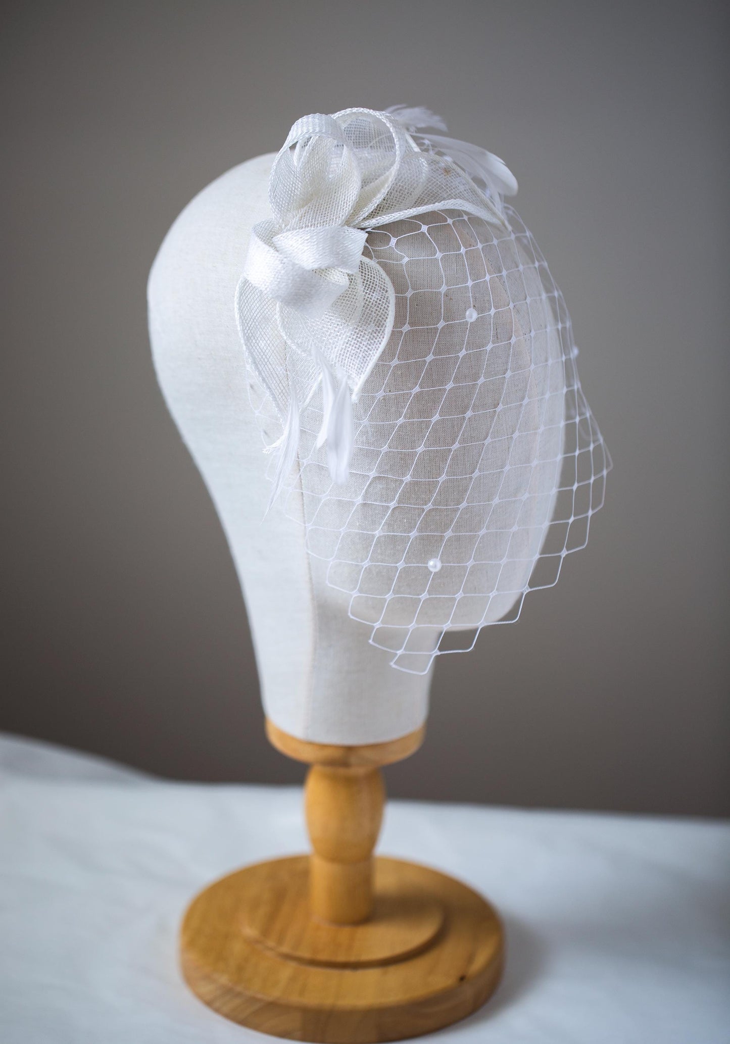Bridal Birdcage Veil Fascinator: White Sinamay Leaves, Pearl Accents
