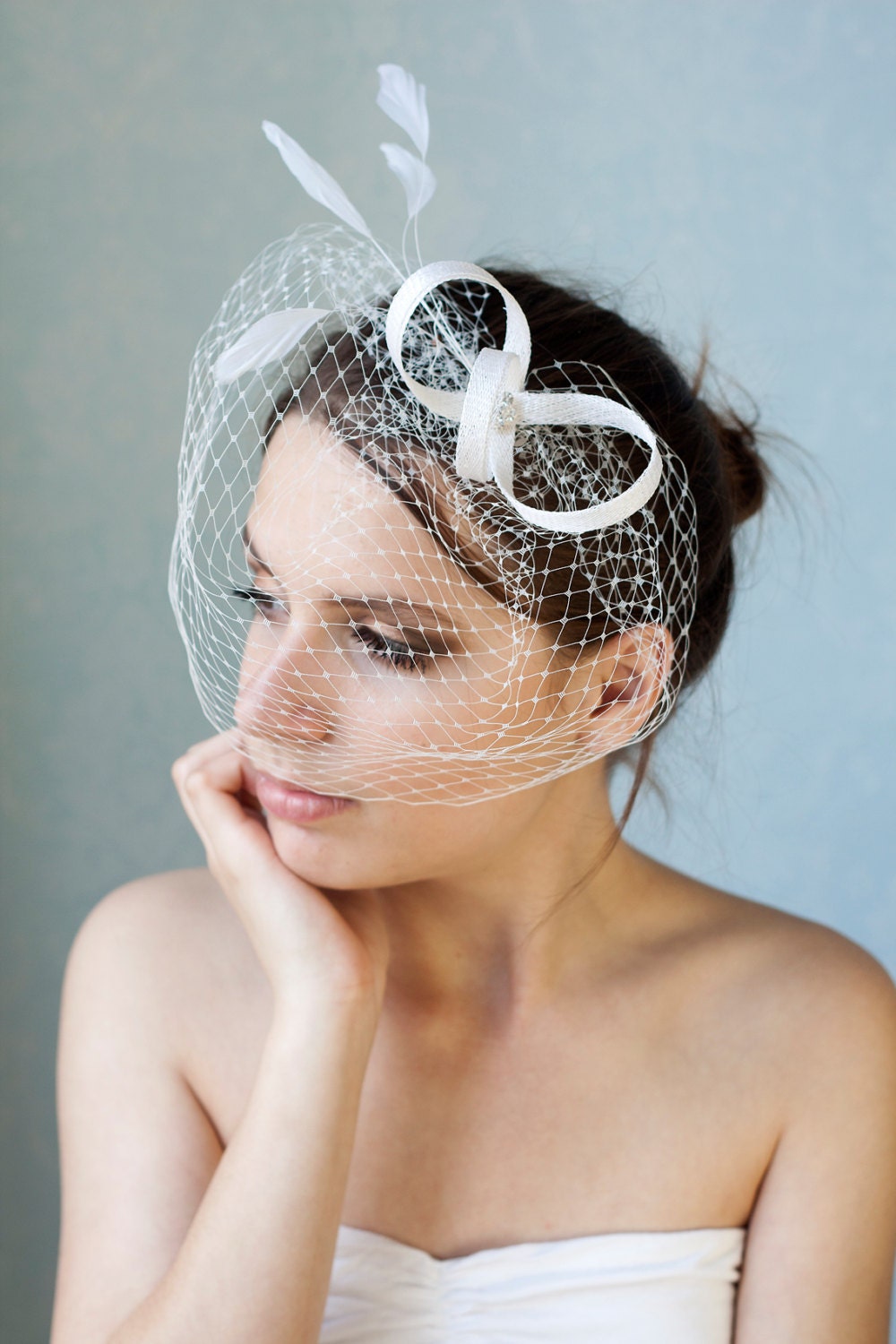 Bridal Feather Fascinator Rhinestone & Birdcage Veil Headpiece