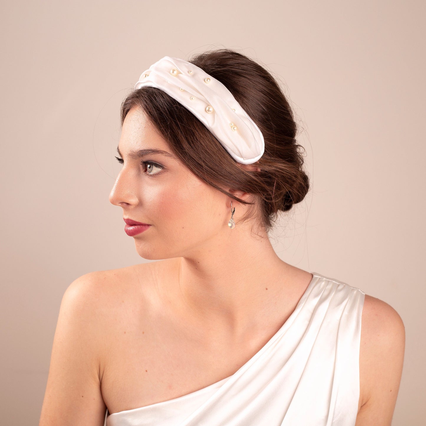 Ruched Silk Bridal Headband with scattered Pearls: Millinery Wedding Headpiece with Swarovski in Ivory, Old Hollywood Style Bride
