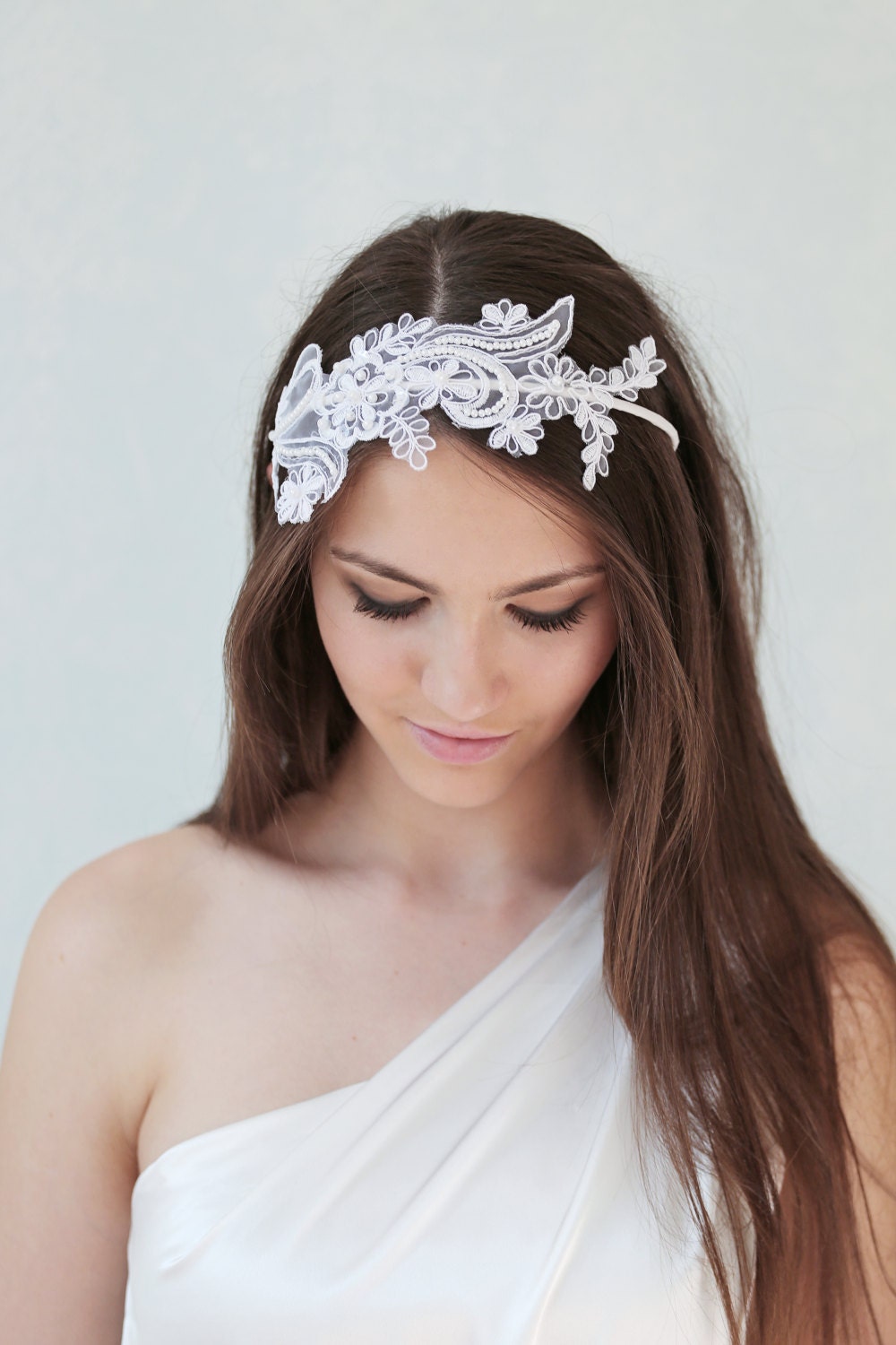 Bridal Lace Headband: White Floral Pearl Headpiece