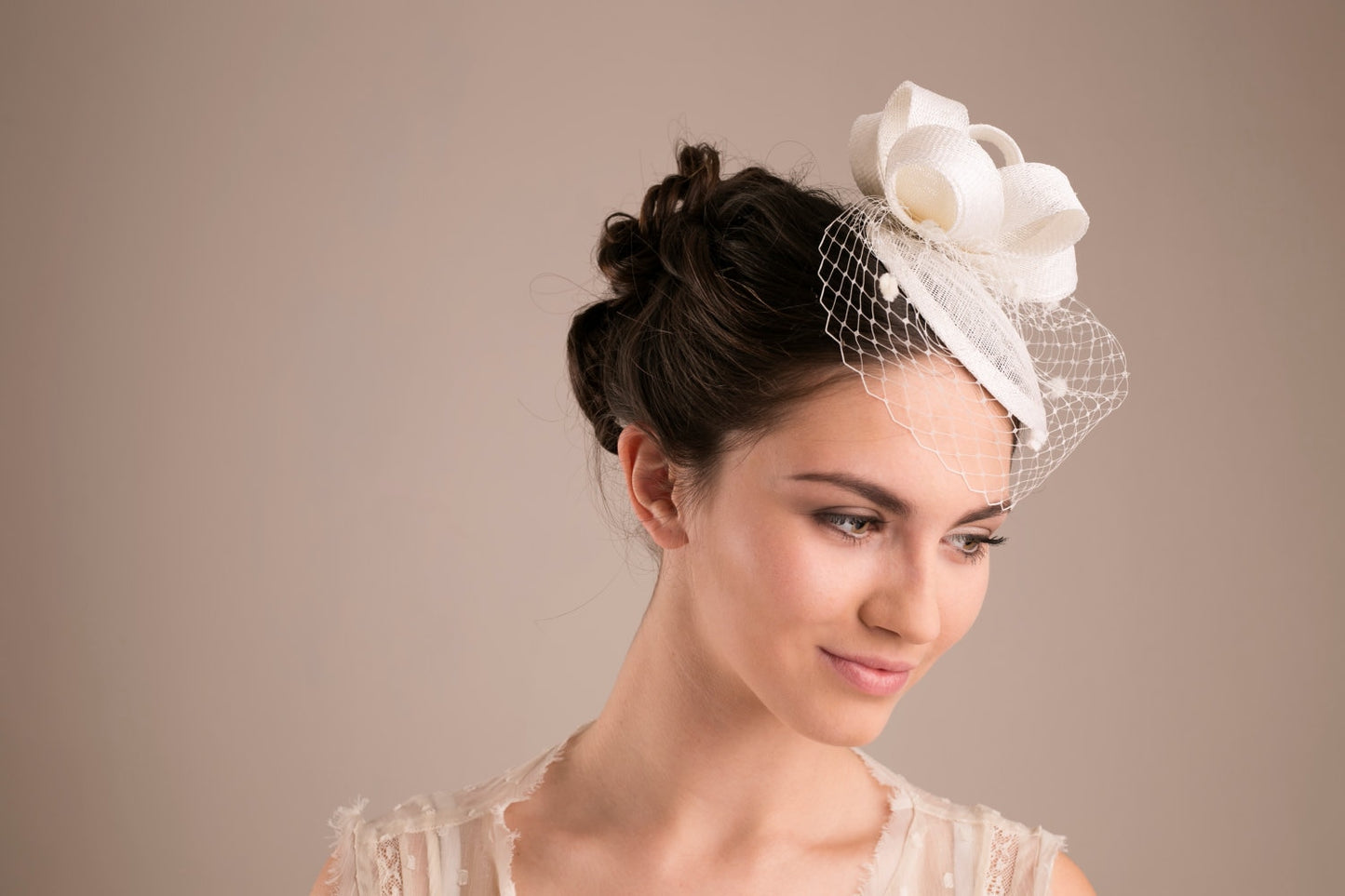 Bridal Sinamay Fascinator Hat in Ivory Wedding Pillbox Hat with Dotted Birdcage Veil