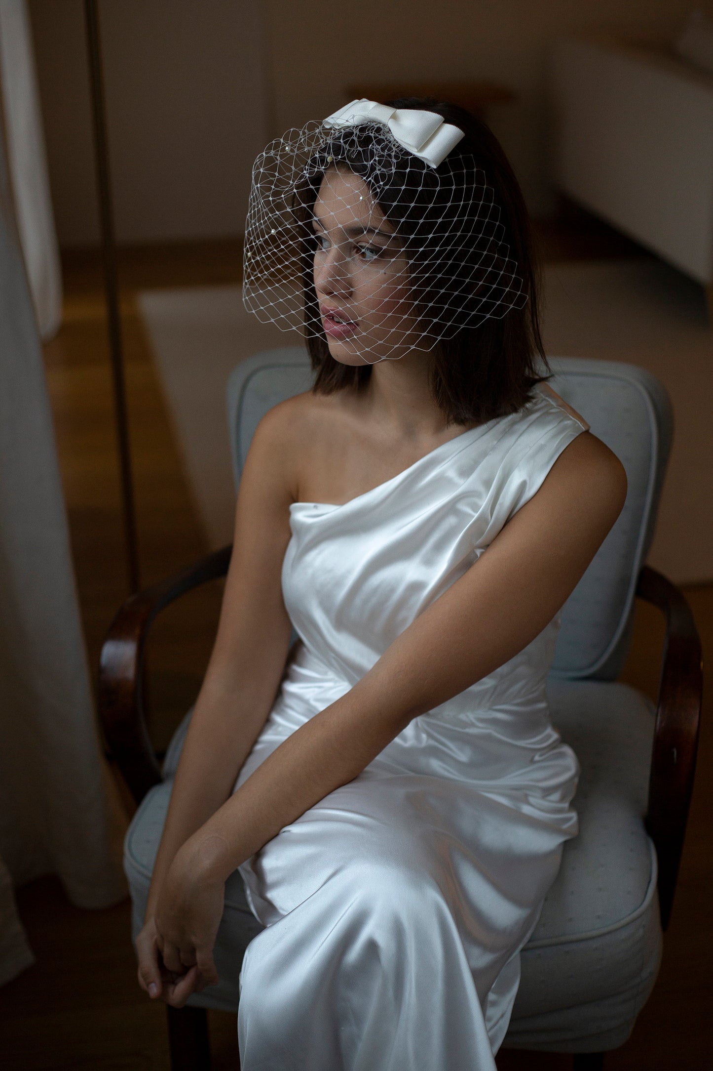 Ivory Bridal Bow Birdcage Veil, Modern Wedding Hair Accessory