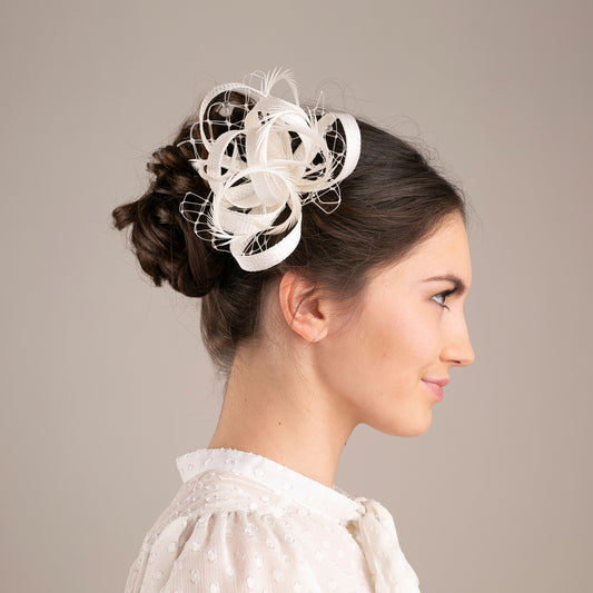 Feather & Veiling Wedding Fascinator, Romantic Bridal Headpiece in White