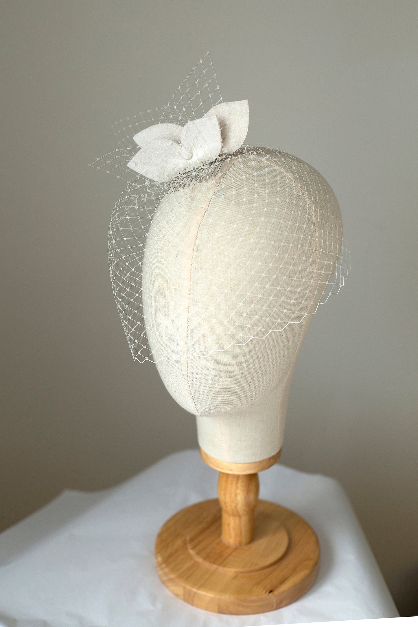 Ivory Wedding Fascinator: Felt Leaves, Short Birdcage Veil