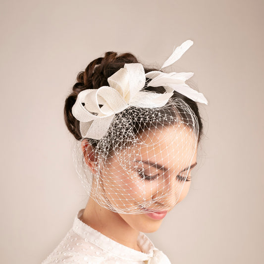 Bridal Fascinator with Netting Face Veil, Ivory Feather Headpiece with Birdcage