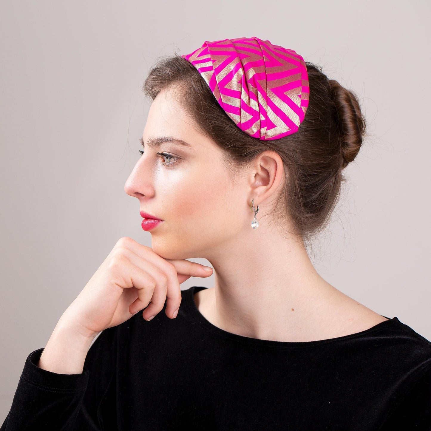 Pink and Gold Chevron Wide Headband, Draped Silk Half Hat Headpiece