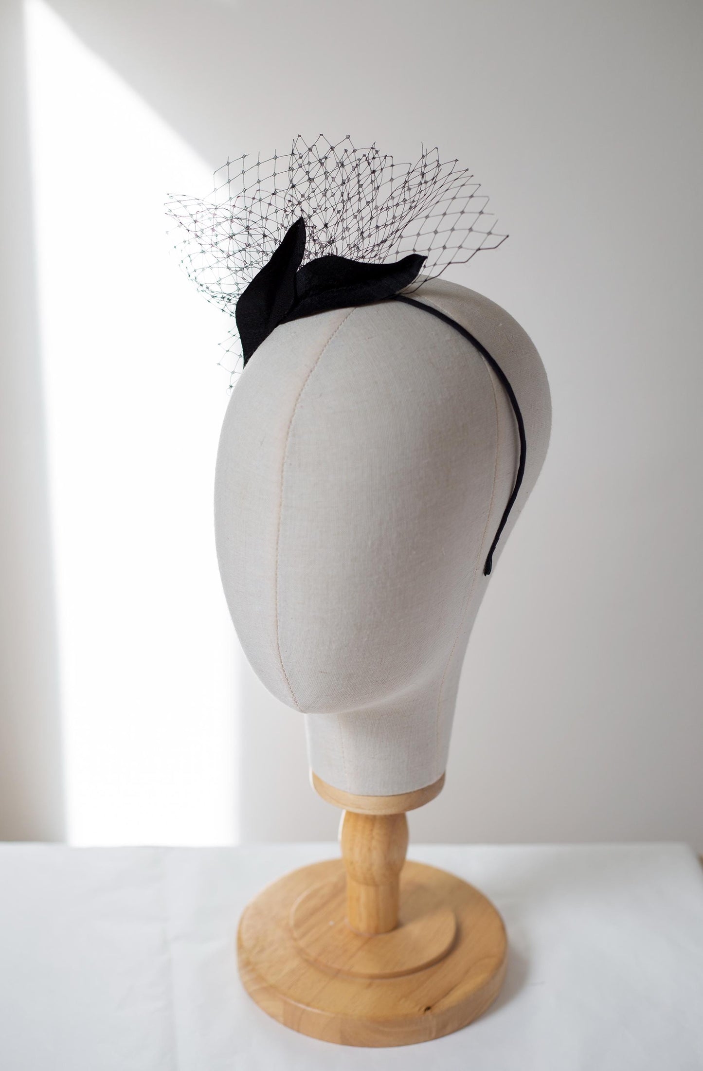 Black Silk Petal Fascinator, Wavy Leaves & Veiling Headpiece