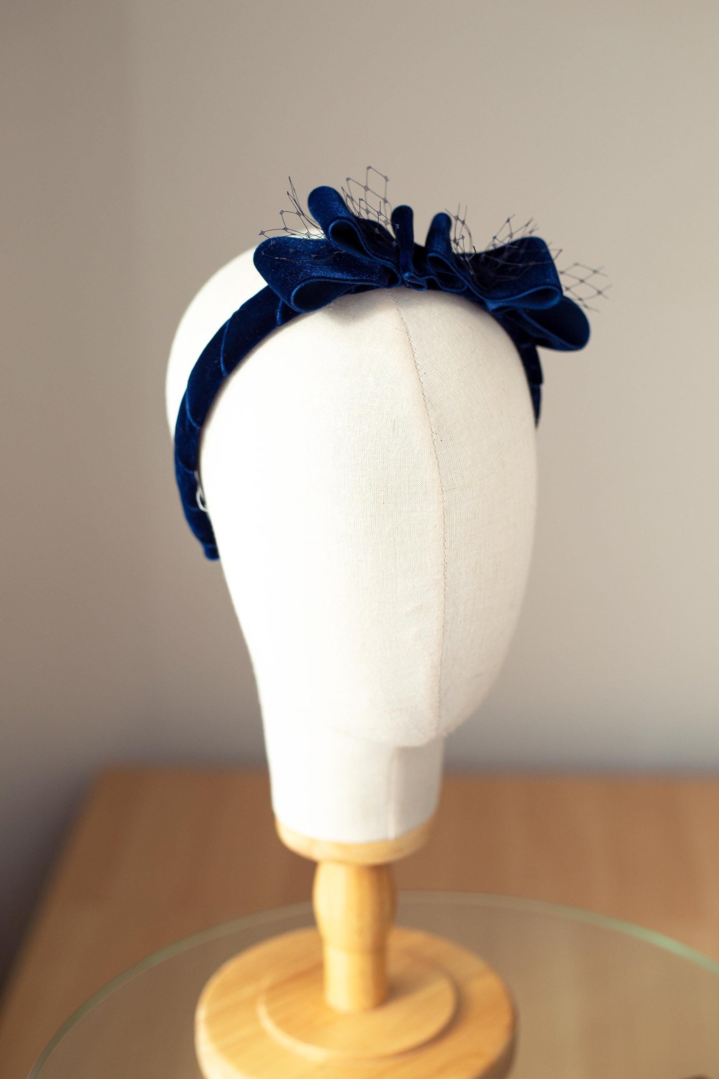 Navy Velvet Bow Headband: Vintage Ribbon & Netting Headpiece