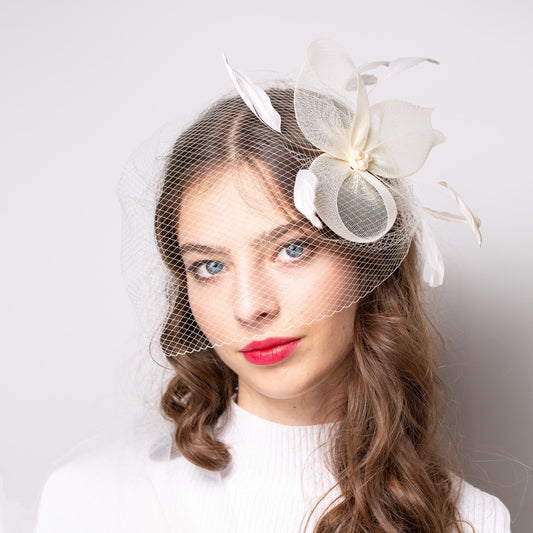 Vintage 70s wedding veil with pearls and feathers fascinator, millinery crinoline headpiece and birdcage