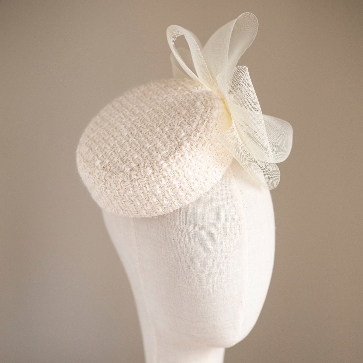 Bridal Wool Tweed Pillbox Hat: Cream Flower & Pearls Winter Wedding