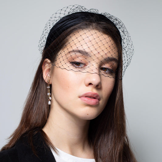 Black silk satin draped headband with removable birdcage veil, handcrafted wedding headpiece for special occasion